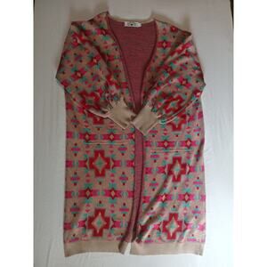 CRAZY TRAIN Womens Aztec Duster Cardigan Sz Med Reds, Teals, Beige A23